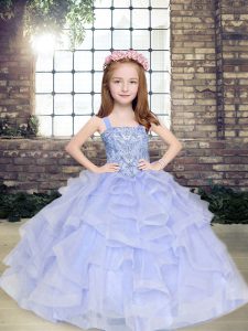  Lavender Lace Up Straps Beading and Ruffles Kids Pageant Dress Tulle Sleeveless