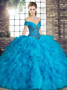  Blue Tulle Lace Up Sweet 16 Dress Sleeveless Floor Length Beading and Ruffles