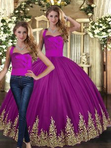 Graceful Fuchsia Two Pieces Halter Top Sleeveless Tulle Floor Length Lace Up Embroidery 15th Birthday Dress