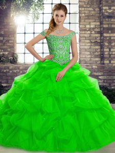 Glorious Green Tulle Lace Up Sweet 16 Quinceanera Dress Sleeveless Brush Train Beading and Pick Ups