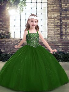  Green Kids Pageant Dress Party and Military Ball and Wedding Party with Beading Straps Sleeveless Lace Up