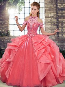 Vintage Halter Top Sleeveless Sweet 16 Dresses Floor Length Beading and Ruffles Watermelon Red Organza