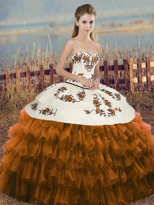  Brown Organza Lace Up Quinceanera Dresses Sleeveless Floor Length Embroidery and Ruffled Layers and Bowknot