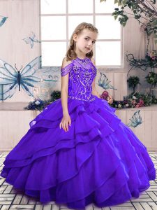 Custom Fit Floor Length Ball Gowns Sleeveless Purple Little Girls Pageant Dress Wholesale Lace Up