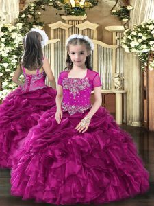  Fuchsia Organza Lace Up Little Girls Pageant Dress Sleeveless Floor Length Beading and Ruffles