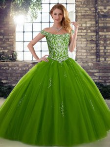  Olive Green Sweet 16 Dress Military Ball and Sweet 16 and Quinceanera with Beading Off The Shoulder Sleeveless Lace Up