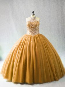  Sleeveless Tulle Brush Train Lace Up Quinceanera Dress in Gold with Beading