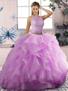  Scoop Sleeveless Lace Up Vestidos de Quinceanera Lilac Tulle