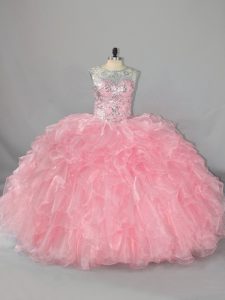  Floor Length Pink 15 Quinceanera Dress Scoop Sleeveless Lace Up