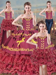  Sleeveless Embroidery Lace Up Quinceanera Gown with Burgundy Brush Train