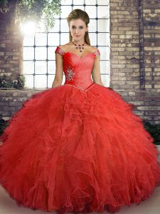  Floor Length Ball Gowns Sleeveless Orange Red Quinceanera Dresses Lace Up