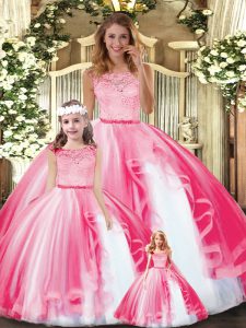 Chic Hot Pink Scoop Clasp Handle Lace and Ruffles Quinceanera Dress Sleeveless