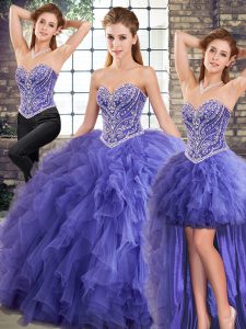 Fine Three Pieces Quinceanera Gown Lavender Sweetheart Tulle Sleeveless Floor Length Lace Up