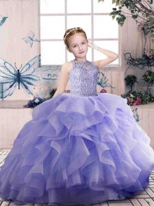  Lavender Scoop Neckline Beading and Ruffles Little Girl Pageant Gowns Sleeveless Zipper