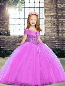  Beading Little Girls Pageant Dress Lilac Lace Up Sleeveless Floor Length