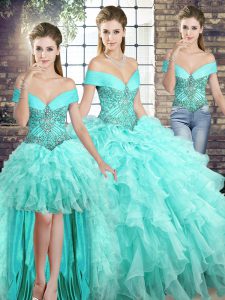  Off The Shoulder Sleeveless Organza Vestidos de Quinceanera Beading and Ruffles Brush Train Lace Up