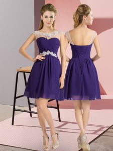  Cap Sleeves Chiffon Mini Length Lace Up Dama Dress in Purple with Beading