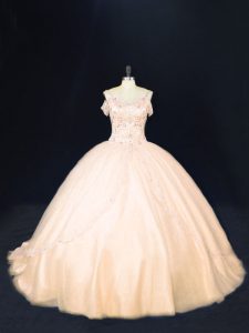 Great Peach Ball Gowns Tulle Off The Shoulder Sleeveless Beading Zipper Quince Ball Gowns Court Train