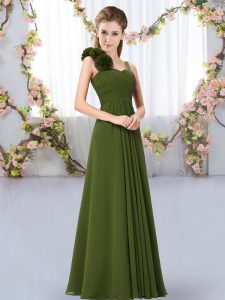  Olive Green Chiffon Lace Up Quinceanera Court of Honor Dress Sleeveless Floor Length Hand Made Flower