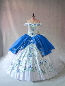  Sleeveless Floor Length Embroidery and Ruffles Lace Up Sweet 16 Quinceanera Dress with Blue And White