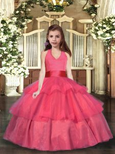 Simple Coral Red Organza Lace Up Halter Top Sleeveless Floor Length Little Girls Pageant Dress Wholesale Ruffled Layers