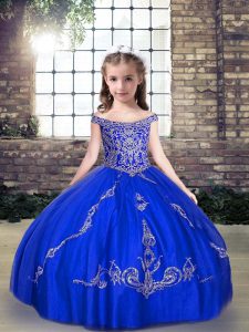  Royal Blue Tulle Lace Up Off The Shoulder Sleeveless Floor Length Little Girls Pageant Gowns Beading