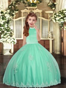  High-neck Sleeveless Backless Little Girls Pageant Dress Apple Green Tulle