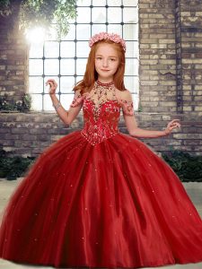 Affordable Red Lace Up Child Pageant Dress Beading Sleeveless Floor Length