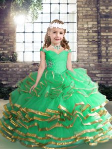Graceful Sleeveless Tulle Asymmetrical Lace Up Child Pageant Dress in Apple Green with Beading and Ruffles