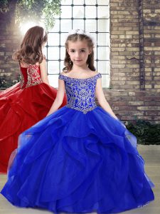  Floor Length Royal Blue Little Girl Pageant Gowns Off The Shoulder Sleeveless Lace Up