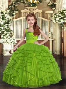  Floor Length Lace Up Little Girl Pageant Dress Olive Green for Party and Wedding Party with Ruffles