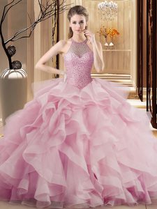  Pink Ball Gowns Organza Halter Top Sleeveless Beading and Ruffles Lace Up Quinceanera Dresses Sweep Train