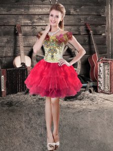  Red Lace Up Off The Shoulder Hand Made Flower Organza Sleeveless