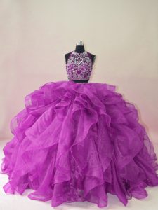 High Quality Purple Two Pieces Organza Halter Top Sleeveless Beading and Ruffles Backless 15 Quinceanera Dress Brush Train