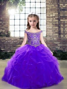  Purple Little Girls Pageant Dress Party and Wedding Party with Beading and Ruffles Off The Shoulder Sleeveless Lace Up