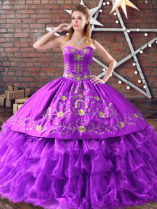 Noble Purple Lace Up Sweetheart Embroidery and Ruffled Layers Quinceanera Dresses Satin and Organza Sleeveless