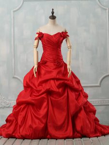 Clearance Sleeveless Taffeta Court Train Lace Up 15 Quinceanera Dress in Red with Pick Ups and Hand Made Flower