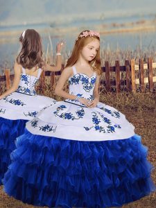  Royal Blue Organza Lace Up Little Girls Pageant Dress Wholesale Sleeveless Floor Length Embroidery and Ruffled Layers