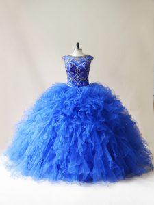 Traditional Royal Blue Sleeveless Floor Length Beading and Ruffles Lace Up 15th Birthday Dress