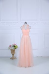 Custom Fit Floor Length Peach Dama Dress Halter Top Sleeveless Zipper