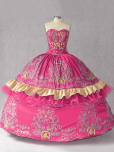 Decent Hot Pink Ball Gowns Embroidery Quinceanera Dress Lace Up Satin and Organza Sleeveless