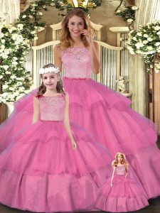 Affordable Scoop Sleeveless Sweet 16 Quinceanera Dress Floor Length Lace and Ruffled Layers Hot Pink Tulle