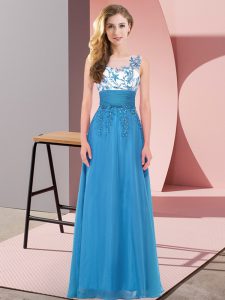 Amazing Blue Sleeveless Floor Length Appliques Backless Quinceanera Dama Dress