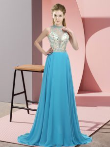 Luxury Aqua Blue Prom Evening Gown Prom and Party with Beading Halter Top Sleeveless Brush Train Backless
