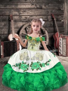  Ball Gowns Kids Pageant Dress Green Off The Shoulder Organza Sleeveless Floor Length Lace Up