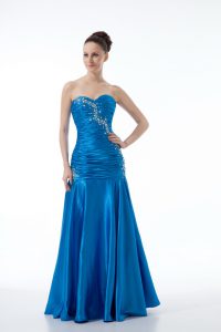 New Style Blue Sleeveless Beading and Ruching Floor Length Prom Dresses