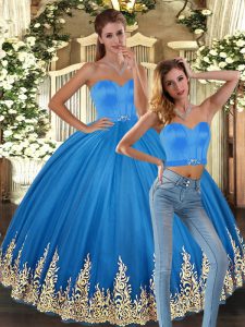  Baby Blue Two Pieces Tulle Sweetheart Sleeveless Embroidery Floor Length Lace Up Quinceanera Gown