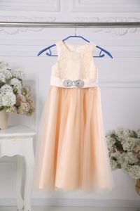  Peach Sleeveless Lace and Belt Floor Length Flower Girl Dresses for Less