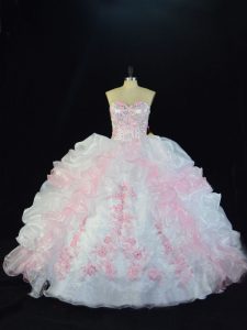 Captivating Pink And White Organza Lace Up Quinceanera Gowns Sleeveless Floor Length Beading and Pick Ups