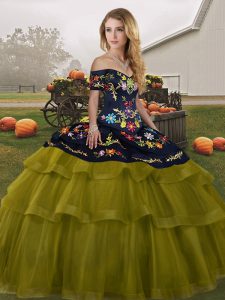  Off The Shoulder Sleeveless Quinceanera Gown Brush Train Embroidery and Ruffled Layers Olive Green Tulle